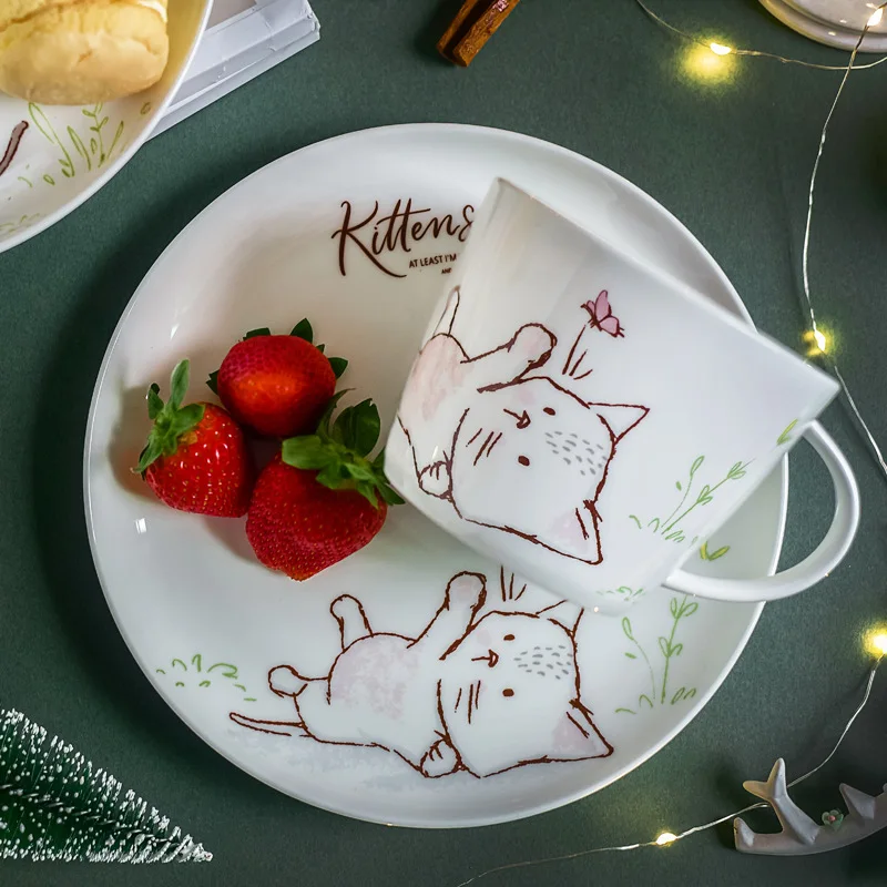 8 Inch Cartoon Cat Dinner Plate Ceramic Dinner Dishes Afternoon Tea Dessert Plate Party Serving Plate Microwave Safe