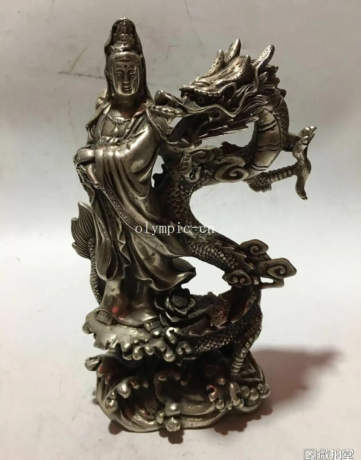 10'' bronze silver-plated carvings dragon Guanyin Avalokitesvara kwan-yin statue