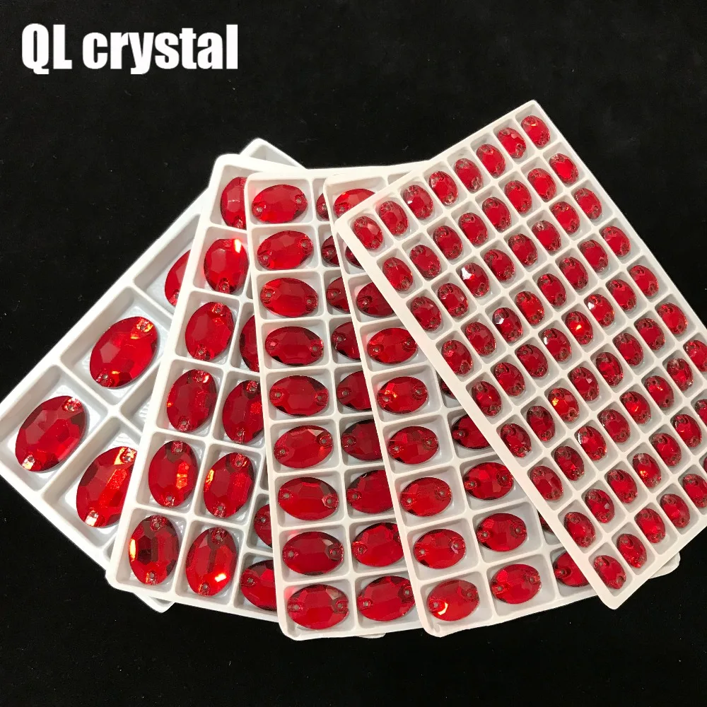 ALL Size Red Oval Sew On Crystal Rhinestones Flatback with 2 holes for Making wedding dress bags shoes accessories