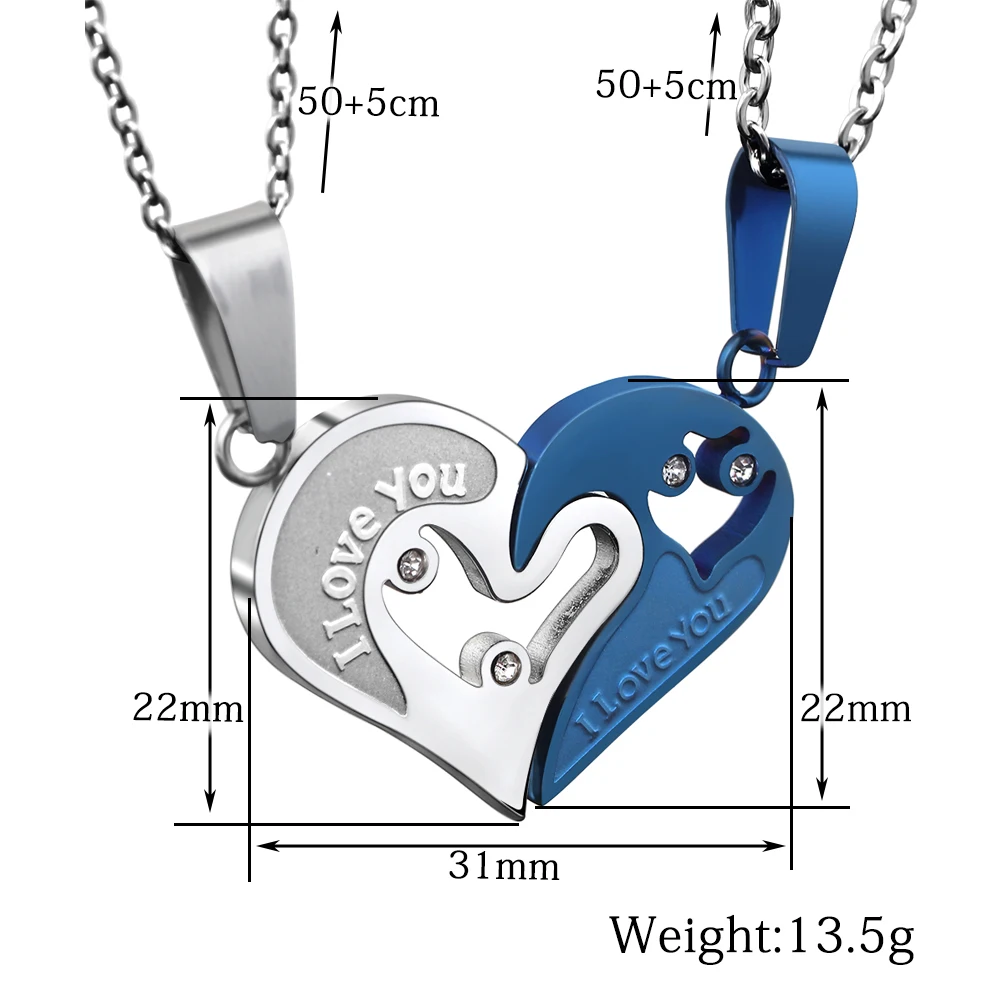 Two Colors Stainless Steel Mens Womens Couple Necklace Pendant Love Heart CZ Puzzle Matching - view 3