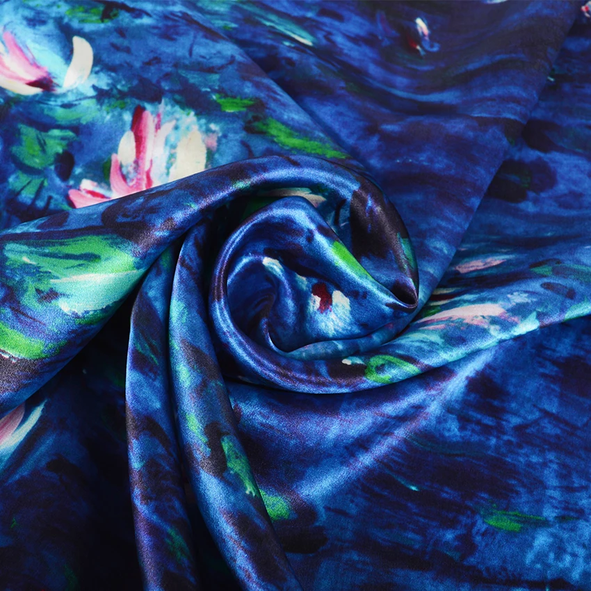 [BYSIFA] Women Silk Scarf Shawl Fall Winter Blue Neck Scarves New Oil Painting Lotus Pond Design 100% Silk Square Scarves88*88cm