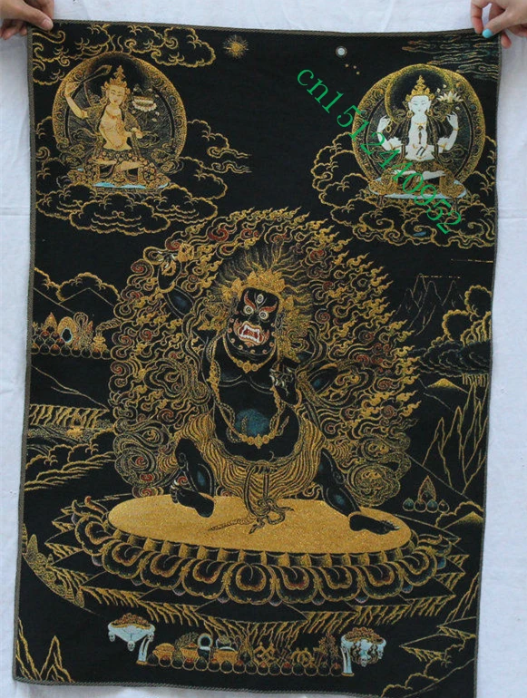 36 inch Tibet Buddhism Silk embroidery Mahakala Wrathful Deity Thangka Painting Mural