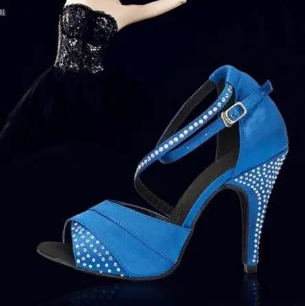 2017 Brand Purple Blue Satin Latin Dancing Shoes Women\'s Rhinestone High Heeled Shoes Salsa Party Ballroom Dancing Shoes 10cm