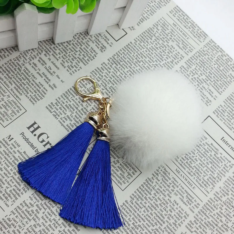 Women Bag Silk Tassels Key Chain Pom Pom Fur Metal keychain - New with 2 Tassels 8cm Pompom For Bag charm Car Key Ring #16011-1