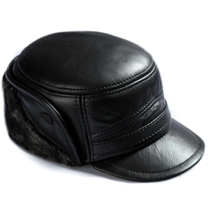 

Genuine Leather Hats Men's Outdoor Winter Cowhide High Quality Warm Ear Protection Visor Hat Male Thicken Plus Velvet Cap H6924