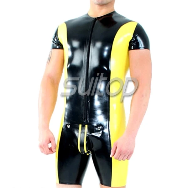 

latex tracking suit Men's palysuits rubber teddies SUITOP leotard in black and yellow with cop pieces hole inside and ass zip