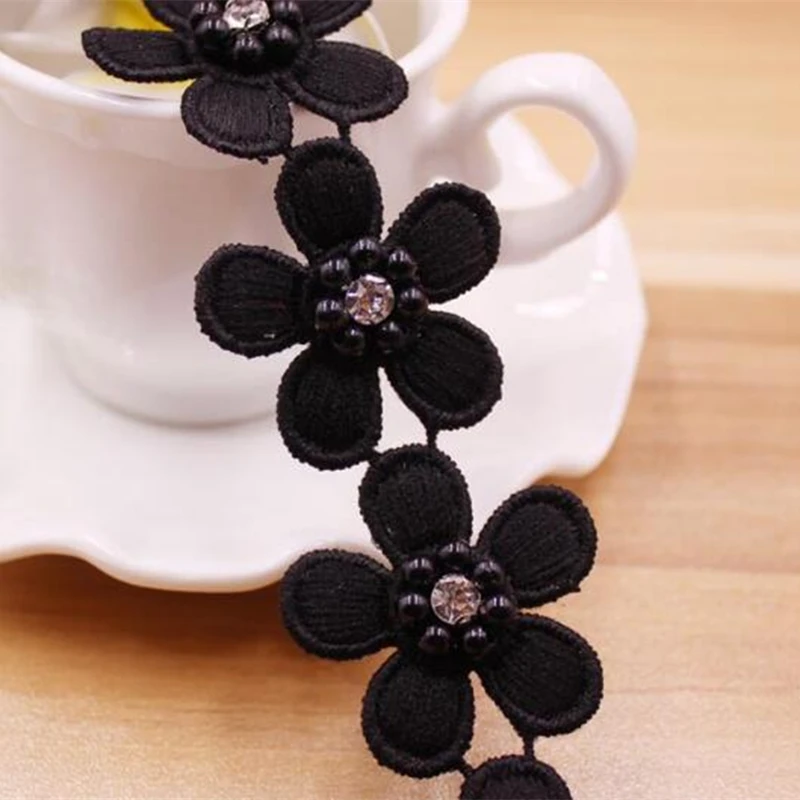 Black White Pearl Flower Handmade Beaded Embroidered Lace Edge Trim Ribbon Double Layered Applique Dress DIY Sewing Craft