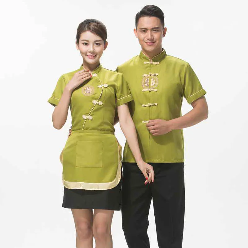 Chinese Traditional Style Waitress Shirt, Restaurante Workwear, Uniforme Garçom Vermelho com Avental, Barato e Roxo, Frete Grátis