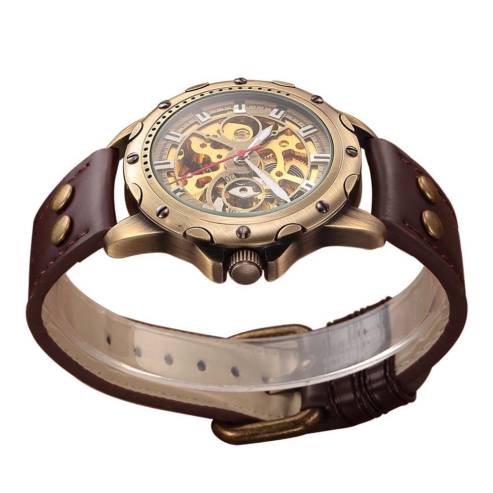 SHENHUA Male Clock Antique Bronze Case Wristwatch Steampunk Skeleton Men\'s Mechanical Watch Leather Band Relogio Masculino