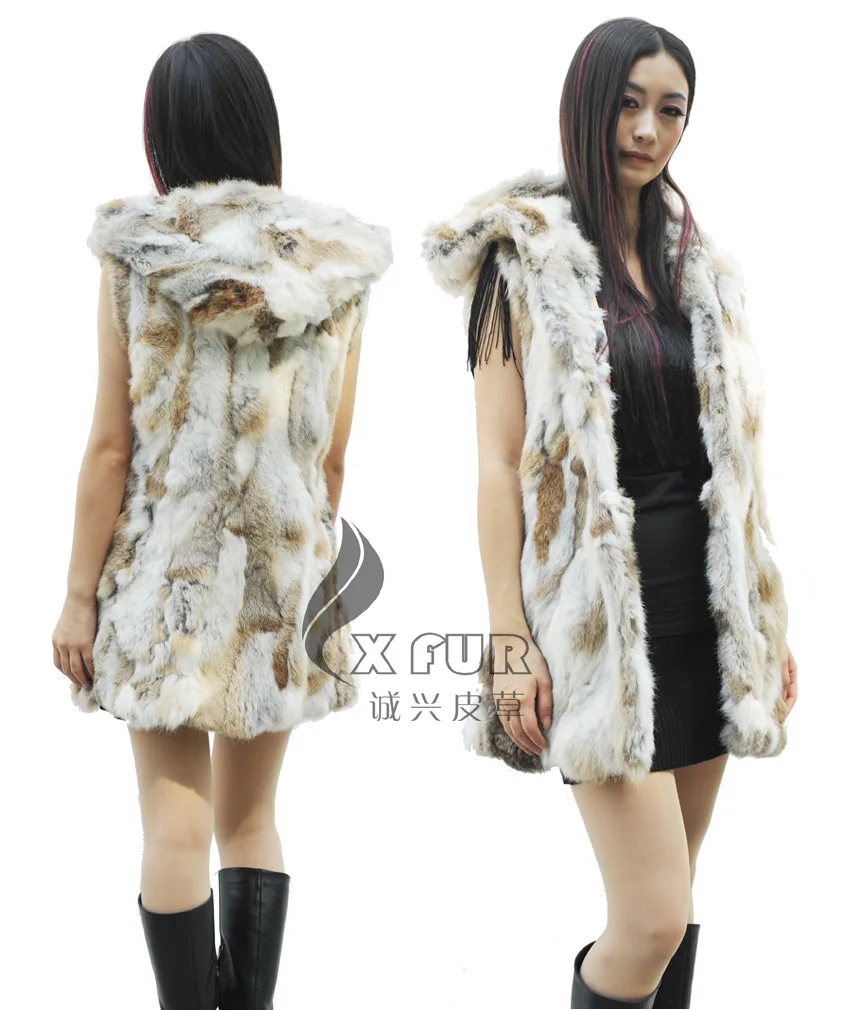 

CX-G-B-102 New Arrival Woman Elegant Rabbit Fur Hooded Vest Winter Warm Thicken Long Fur Waistcoat