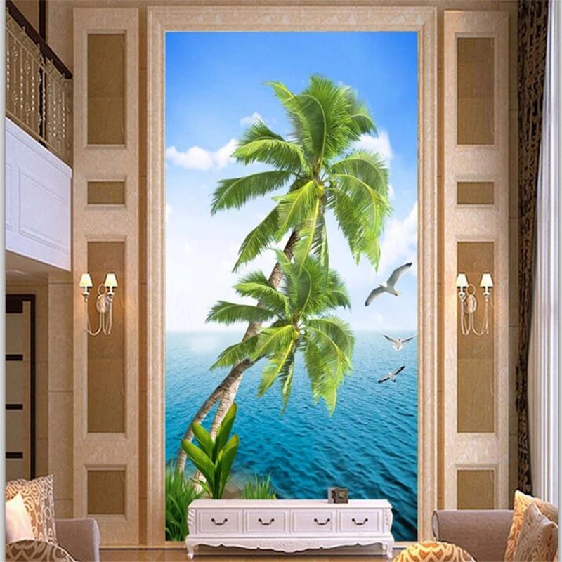 

wellyu Custom Wallpaper 3D photo mural обои Realistic Coconut Tree Sea View Entrance Crossing Corridor wallpaper papel de parede