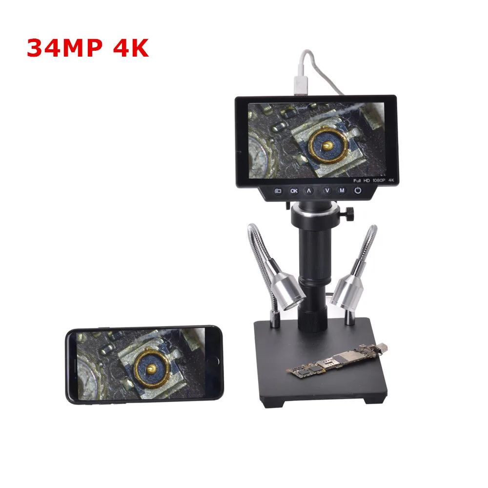 34MP 4K HDMI USB Digital Microscope Camera Industrial Digital Display Electronic Magnifier 150X C-mount Lens for PCB Repair