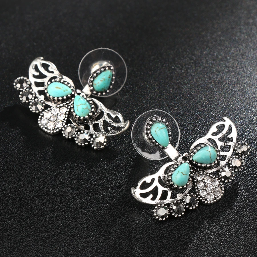 Kinel Turkish Stud Earrings For Women Blue Resin Double Sided Crystal Earring Vintage Party Female Brinco Bridal Women Bijoux