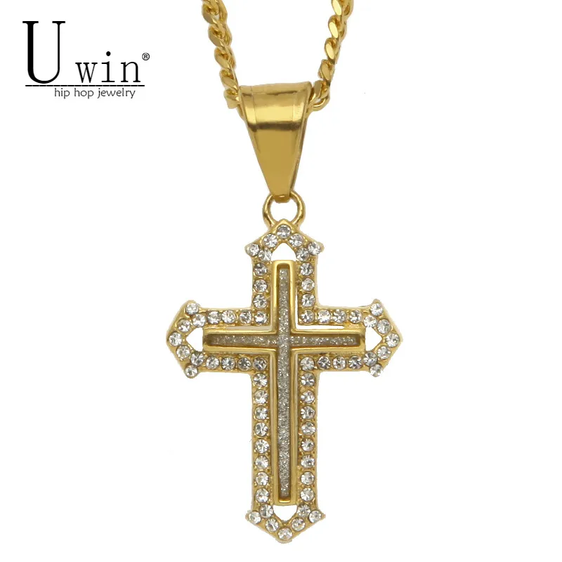 UWIN Iced Out Sand Blast Cross Pendant Stainless Steel Charm Bling Rhinestone Men's Women Cross Pendant Necklace Hip hop Jewelry