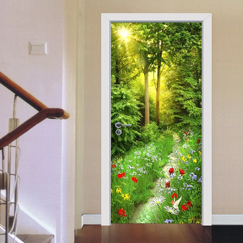 

Green Forest Plant Landscape Door Sticker Living Room Kitchen Waterproof PVC Wallpaper Home Decor Poster 3D Door Wall Stickers