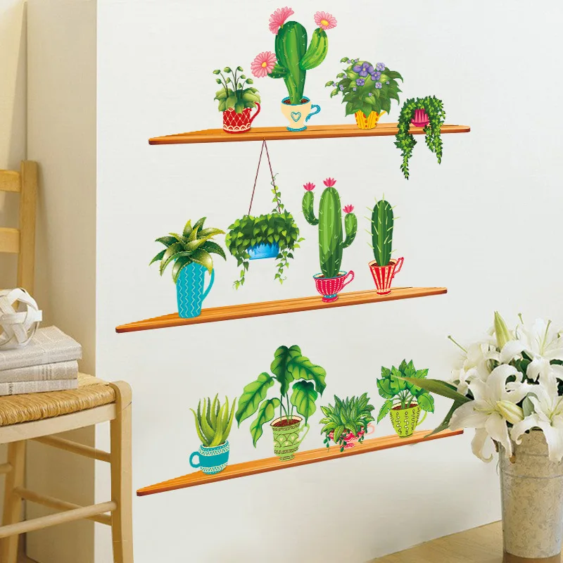 Green Garden Plant Cactus Potted Flower Pot Set 3D DIY Wall Decals/Adhesive Family Wall Sticker Mural Art Bathroom Windows Decor