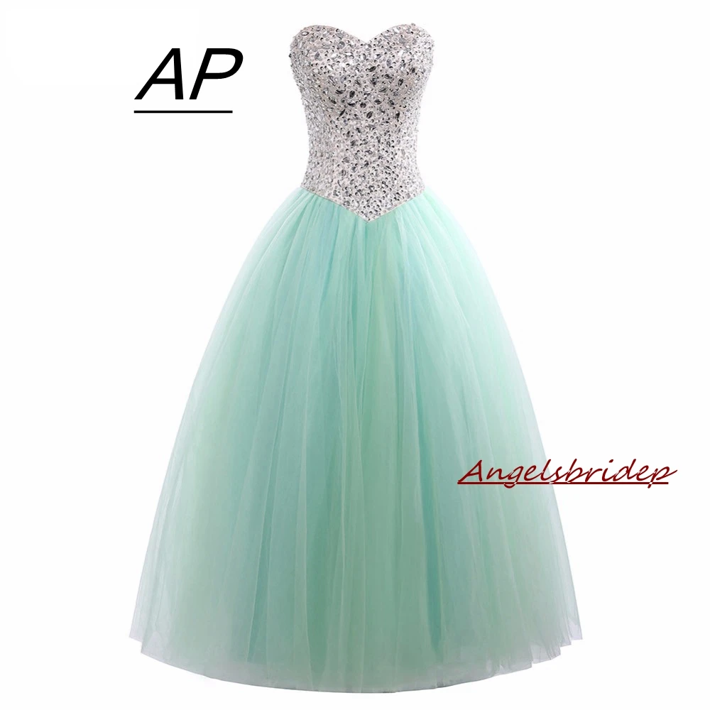 Angelsbridep Xanh Bạc Hà Bãi Biển Bóng Đồ Bầu Quinceanera Áo Pha Lê Voan Vestidos De 15 Anos Mới Vestidos De Quinceanera