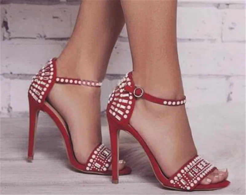 Women Charming Open Toe Suede Leather Rhinestone Gladiator Sandals Ankle Strap Crystal High Heel Sandals Dress Shoes