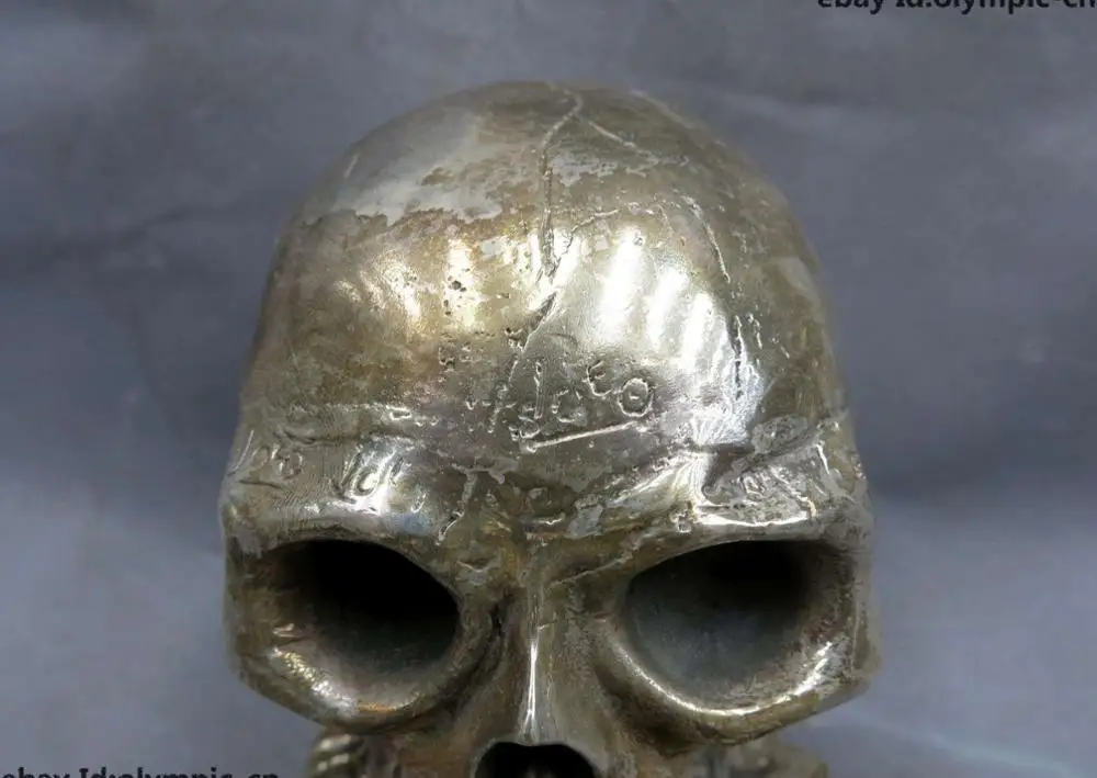 China Tibet copper silver buddhism tobacco pipe skull Head sculpture Statue