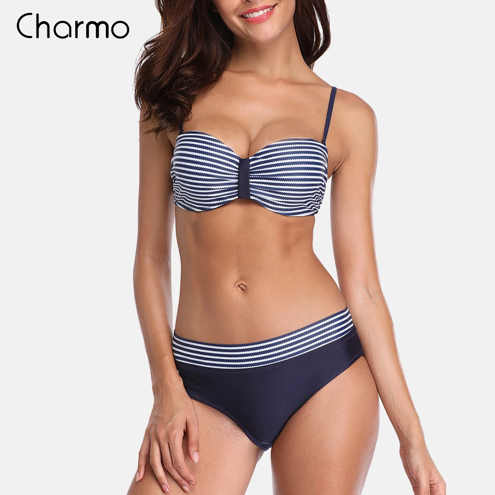 Charmo Women Bikini Set Retro swimwear Striped Bikini Floral Printed Swimwear Women Sexy Swimsuit underwire vintage bikini set