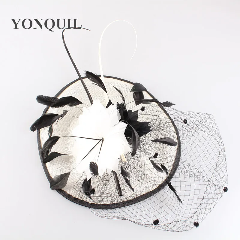 Big Wedding Fascinator Hats Elegant Women Ladies Feather Hair Fascinator Veils Dot Headpiece For Race New Year Chapeau Caps