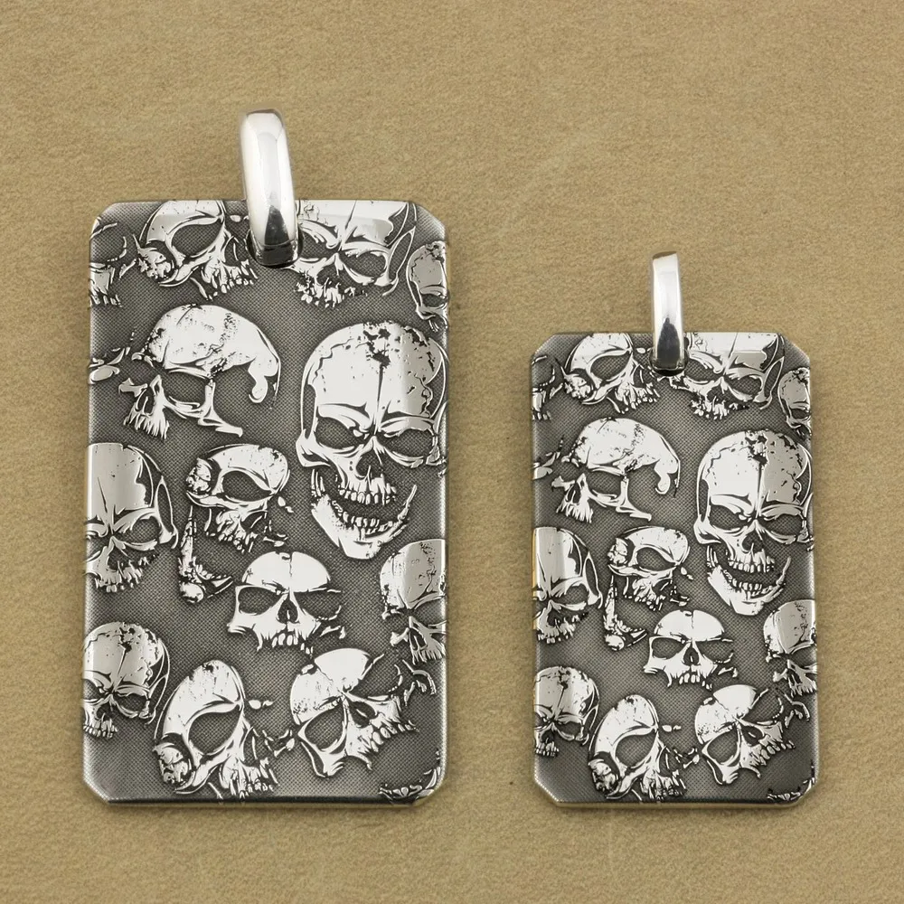 999 Pure Silver High Details Deep Laser Engraved Skulls DogTag Mens Biker Rock Punk Pendant 9X032S Just Pendant