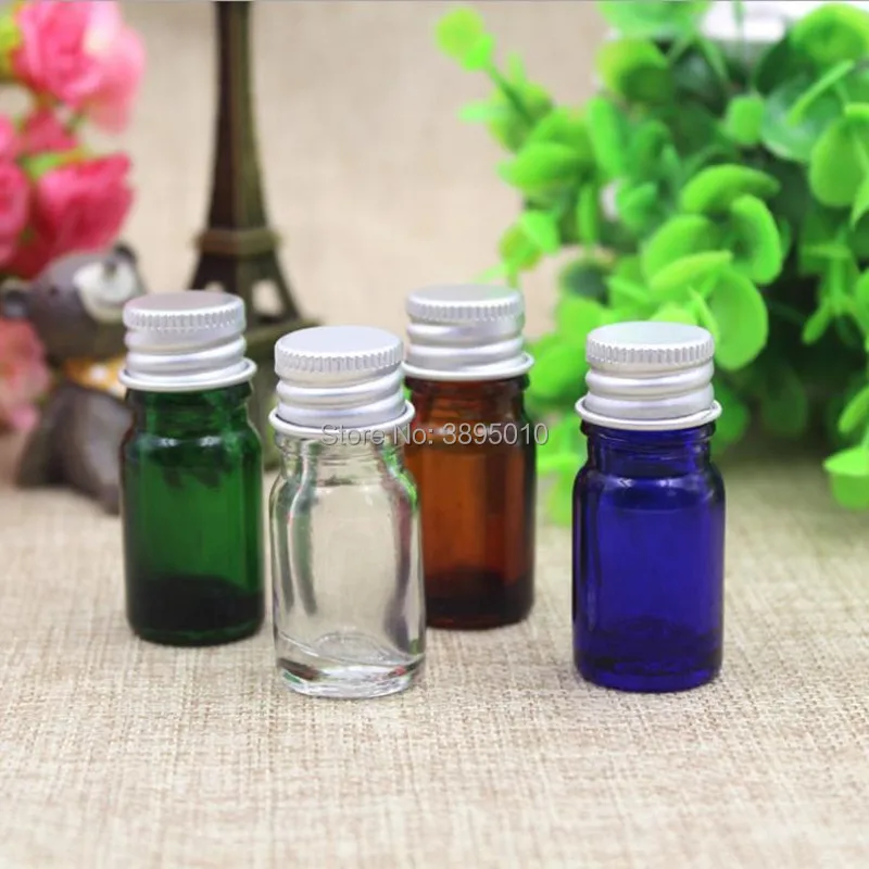 5ml Small Glass Bottles Aluminium Cap Silver gold Lid Mini green amber blue Clear Empty Glass Jars Vials Bottles F251