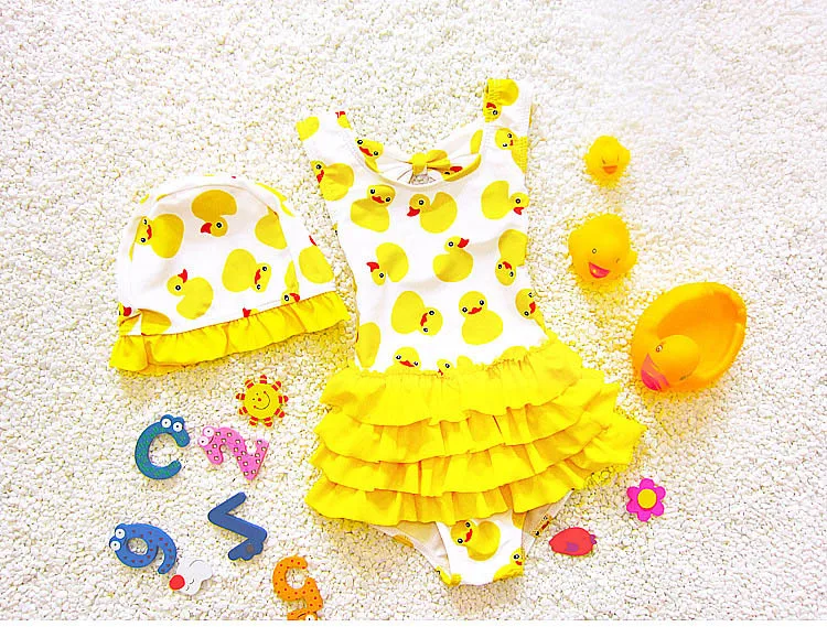 

Yellow Pink Duck Kids Girls One piece Swimming Suit Dress ＋ Hat Swimwear Summer Holiday Children Beach Wear Swimsuit SA4006