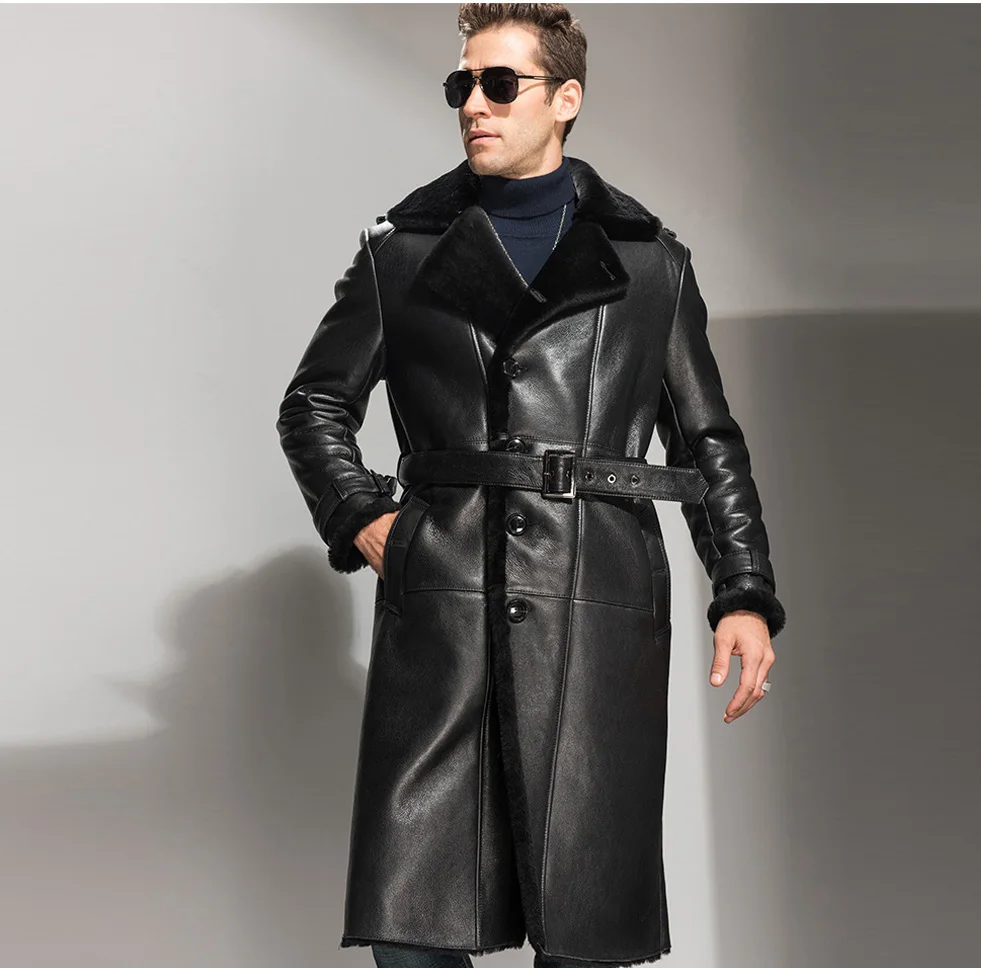 

Men's Sheepskin Shearling Coat Black Leather Jacket Long Outerwear Oversize Parkas Thicken Winter Overcoat