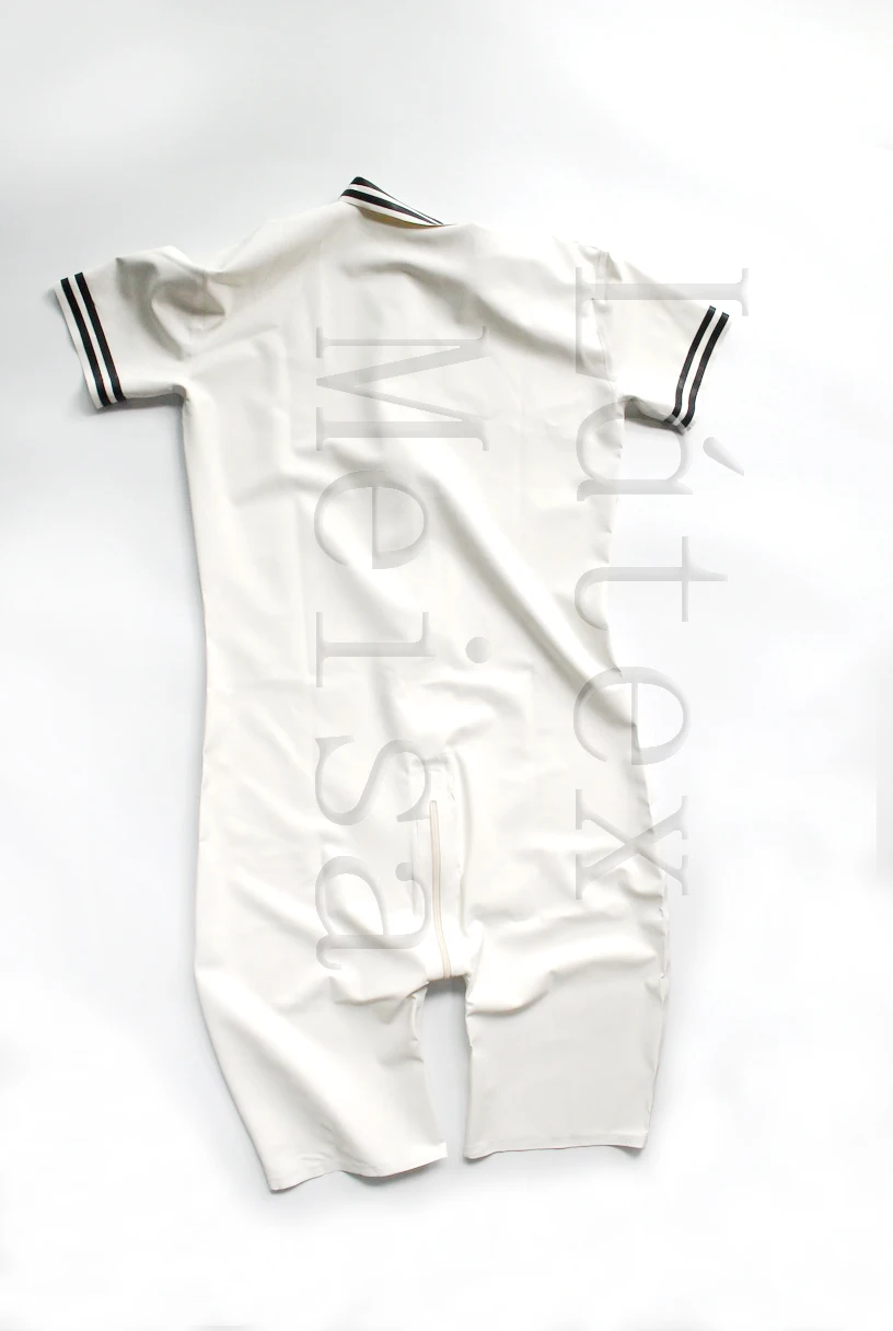 Men's black stripes decoration polo latex bosysuit one piece attached front zip to waist in white color