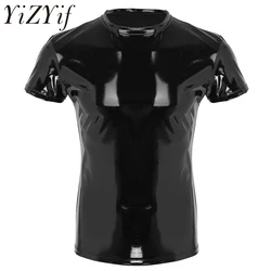 Sexy Men's PVC Leather Wet Look T-shirt Vest Stretch Undershirt latex Clubwear Stage Costume Muscle Tight T-Shirt Top