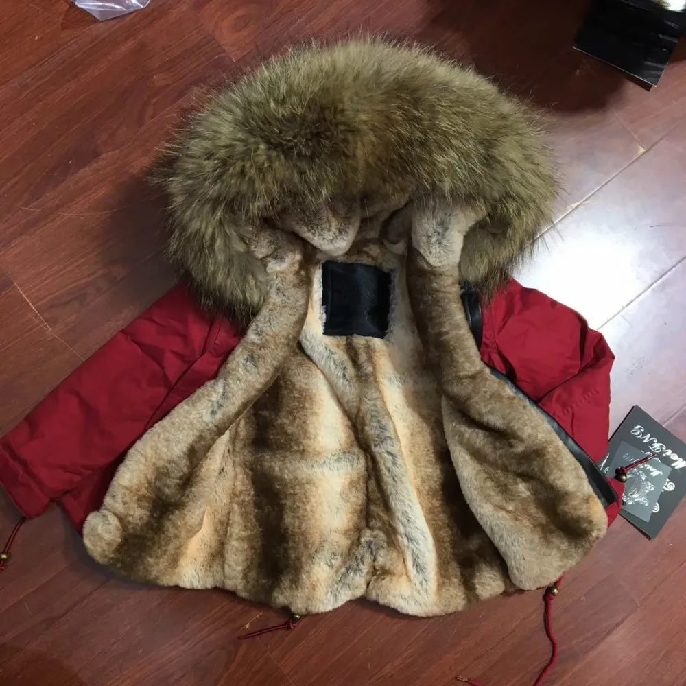 

Red Cotton Shell Short Fur Parka With Natural Raccoon Fur Hoodies Casual Wear In Winter For Kids