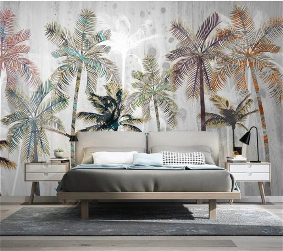 wellyu  Custom wallpaper papel de parede Light luxury Nordic tropical plant hand-painted coconut tree landscape TV background