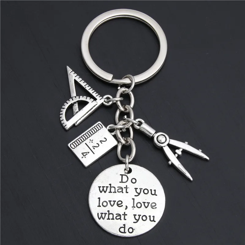 1pc Do What You Love Jewelry Teacher Key Chains Studant Keyring Ruler Pencil Compass Charms For Gift E2038