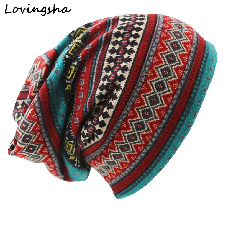 LOVINGSHA Brand Autumn Winter Dual-use Hat For Ladies thin Skullies Beanies Vintage Geometric Design Women Scarf Face Mask HT026