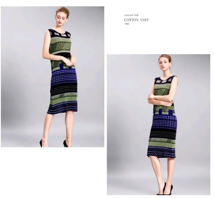 

HOT SELLING Miyake fashion fold dress sleeveless round collar Indian print dress IN STOCK