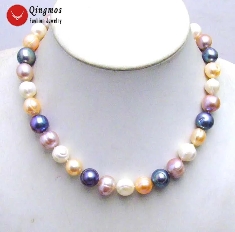 Qingmos Trendy 13-14mm Round Natural Freshwater Black Pearl Necklace for Women with 17