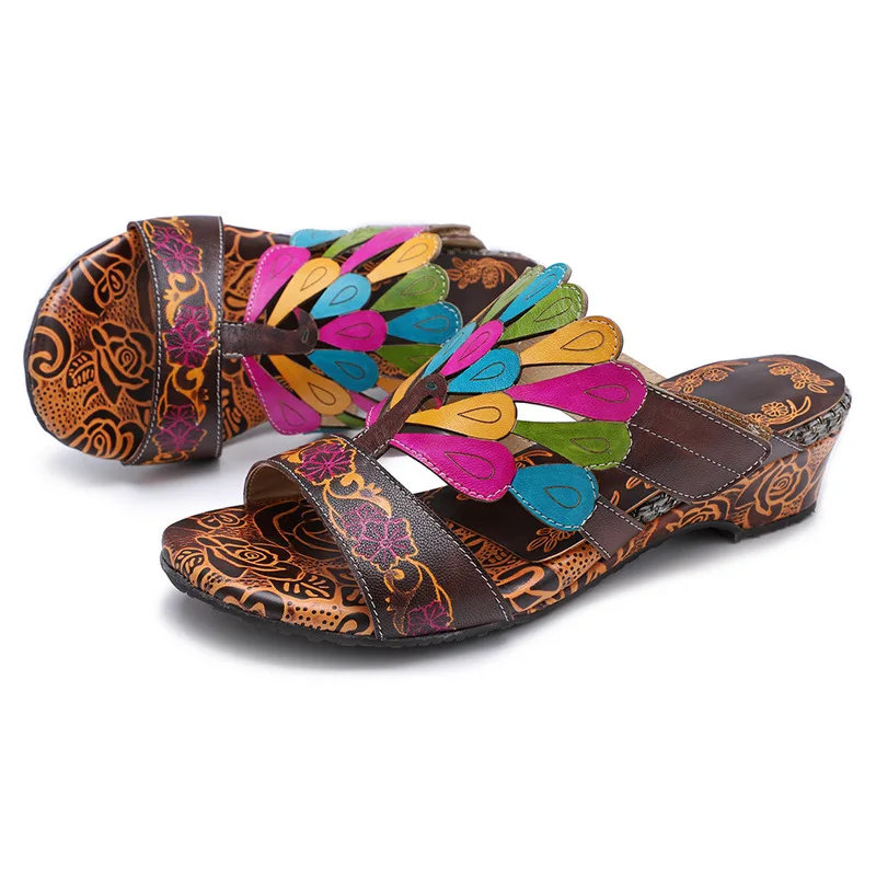 

Bohemian Handmade Slippers Women Shoes Genuine Leather Beach Sandals Mid Wedge Bohemia Summer Shoes Woman Sandalias Mujer