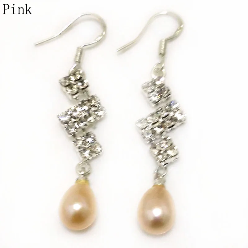 7-8mm Natural Pink Raindrop Fresh Water Oval Pearl 925 Silver Zirconia Earring