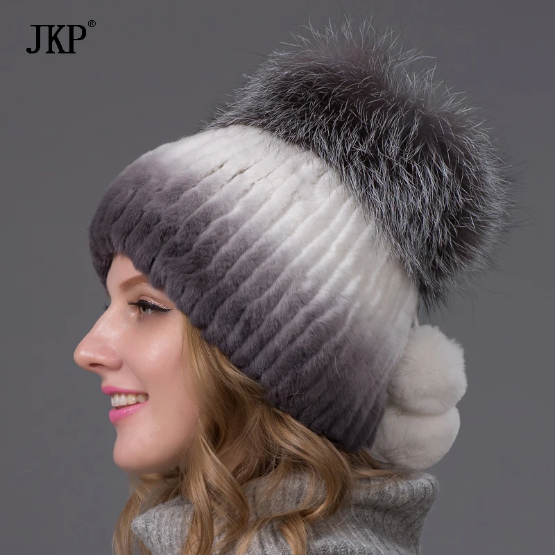 Winter Rex Rabbit Fur Hat For Women With Fox Fur Pom Poms Top Knitted Beanies Fur Hats New Brand Causal Good Quality Cap THY-02
