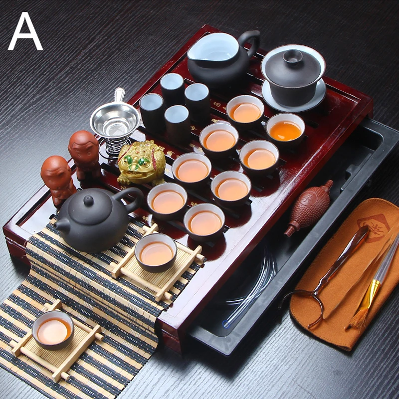 

32 Piece Ceramic Purple Clay Tea Set Kung Fu Pot Infuser Solid Wood Tea Tray Teapot Teacups Drinkware Chinese Gaiwan High-grade