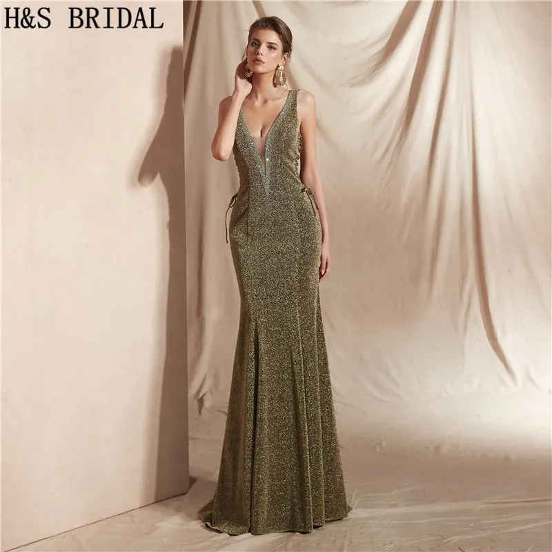 H & S เจ้าสาว Vintage ชุดราตรี royal blue v คอเซ็กซี่ Mermaid อย่างเป็นทางการชุด Robe De Soiree 8 สี shinny Evening Dresses