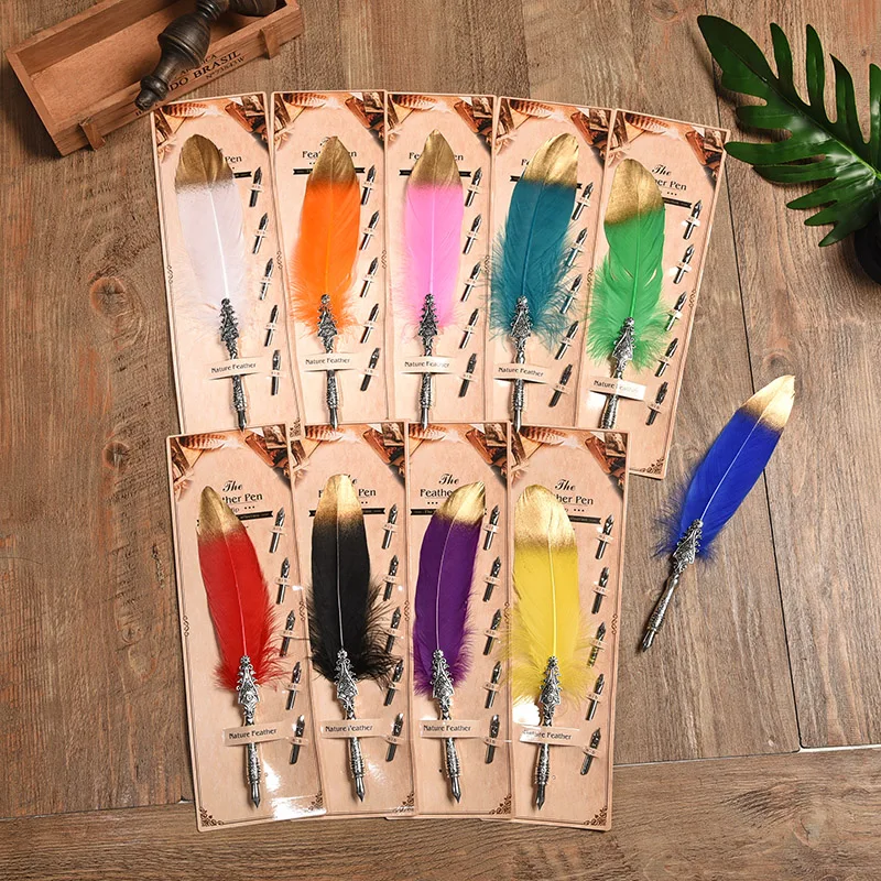 10 Colors 2019 New European Vintage Feather Pen Dip Ink Pen+5 Nibs Set Business Gift Signature Pen To Send Friends Holiday Gifts