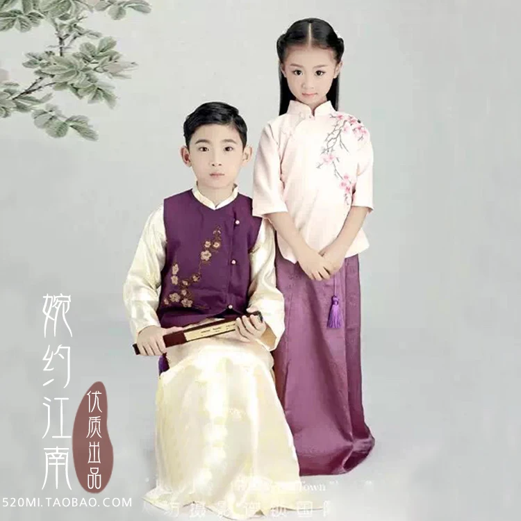 Suo Qing Qiu Chinese Republican Period Little Boy and Little Girl Costume  Hanfu Photography Use Stage Performance