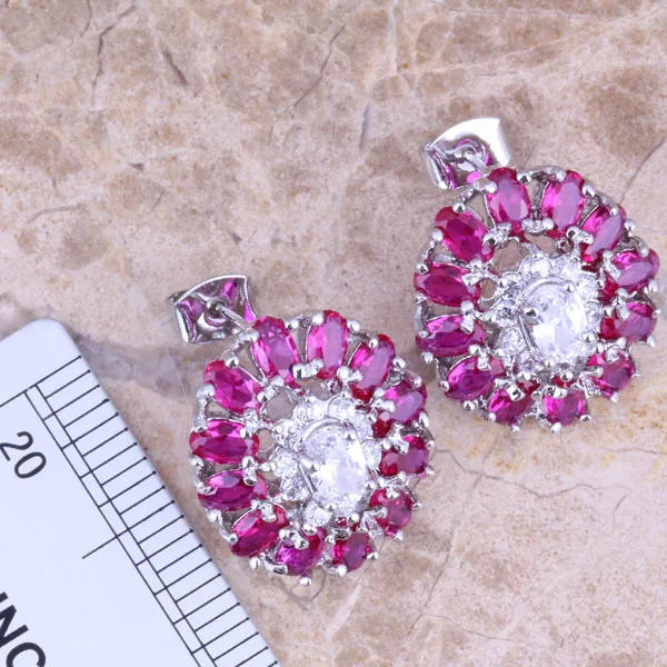 Graceful Red Cubic Zirconia White CZ Silver Plated Jewelry Sets Earrings Pendant Ring Size 6 / 7 / 8 / 9 / 10 S0431