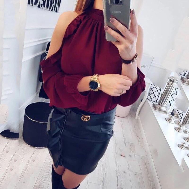 Women Fashion Open Shoulder Blouse Summer Long sleeve Ruffle Burgundy Pink Shirt Casual Loose Blouse Tops Blusas