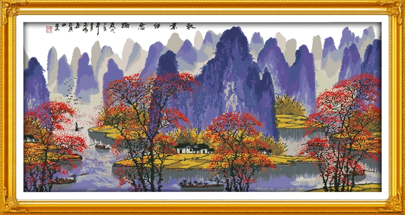 

The autumn leaves and Li river cross stitch kit 14ct 11ct count printed canvas stitching embroidery DIY handmade needlework