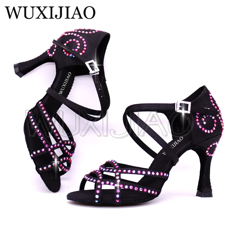 WUXIJIAO Salsa Dance SParty Sepatu Dansa Satin Bersinar rhinestones Lembut Bawah Latin Wanita Salsa tumit 5cm-10cm