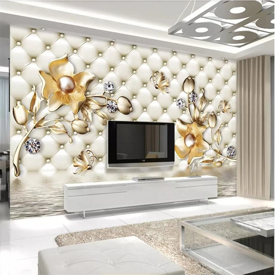 beibehang Custom wallpaper 3D murals luxury soft bag golden flower water reflection jewelry wall papers home decor 3d wallpaper