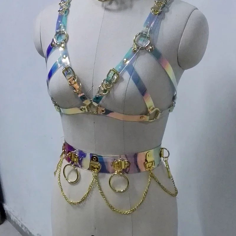 100% Handcrafted Holographic Choker Bra Belt Gold Chest Top Body Chain Link Waist Belts Hologram Iridescent